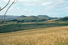 Landschaft der Osterinsel: Gras und Vulkane