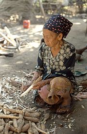 Frau beim Schlen von Maniok auf der Wanderung von Ketapang nach Duman